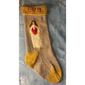 Hand Knit Christmas Stocking Angel Heart EVA Personalized Mustard Oatmeal 20in